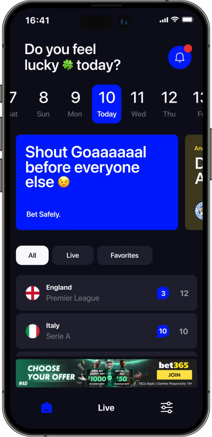 Betty app home screen in dark mode with today's fixtures