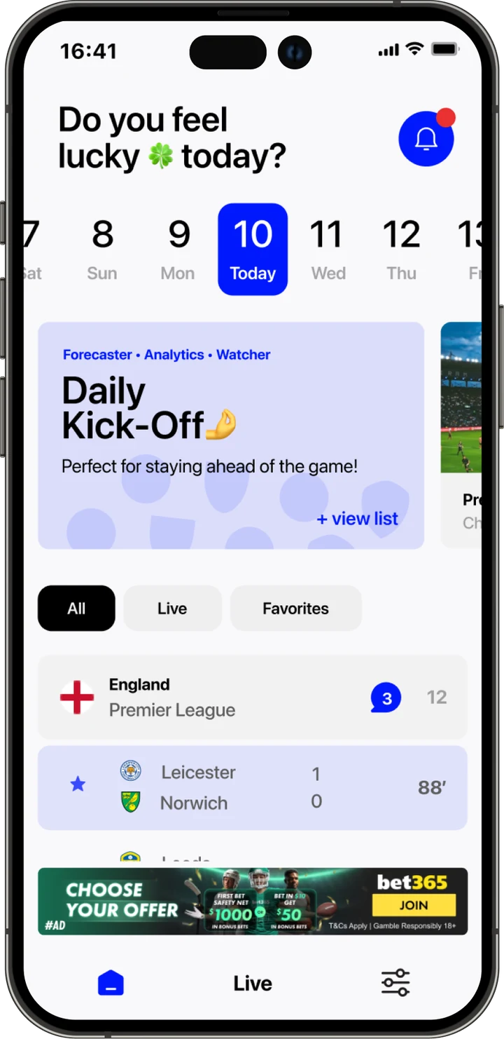 Betty app home screen in light mode with the Daily Kick-Off list