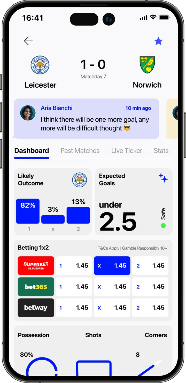 Betty match dashboard with likely outcome, expected goals and odds