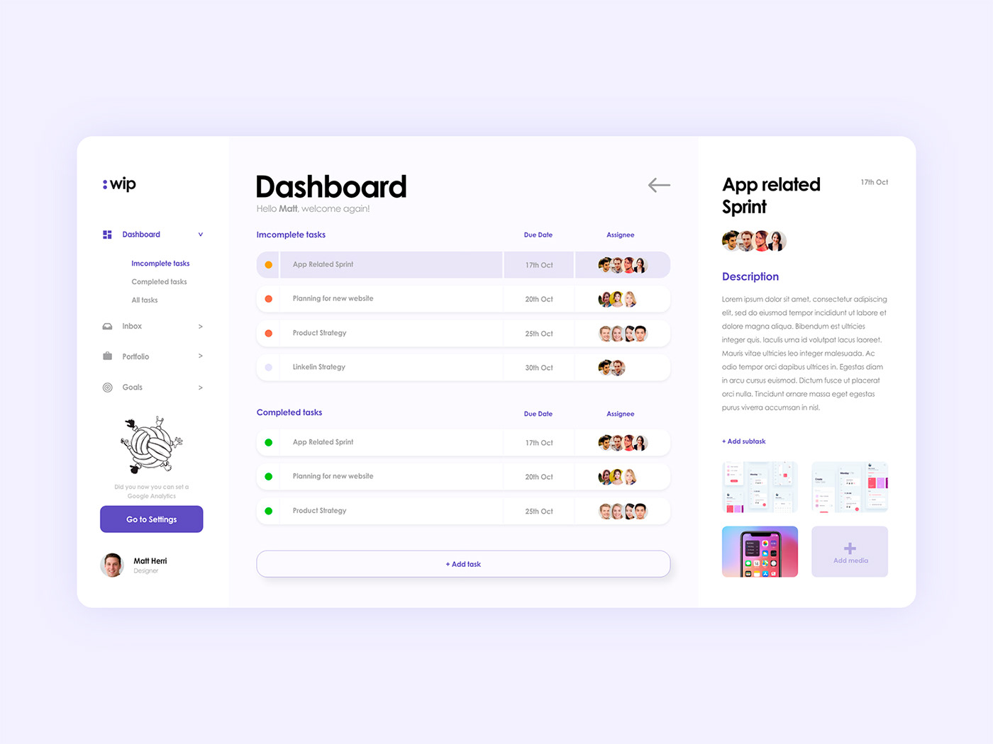 Dashboard task manager SaaS mockup