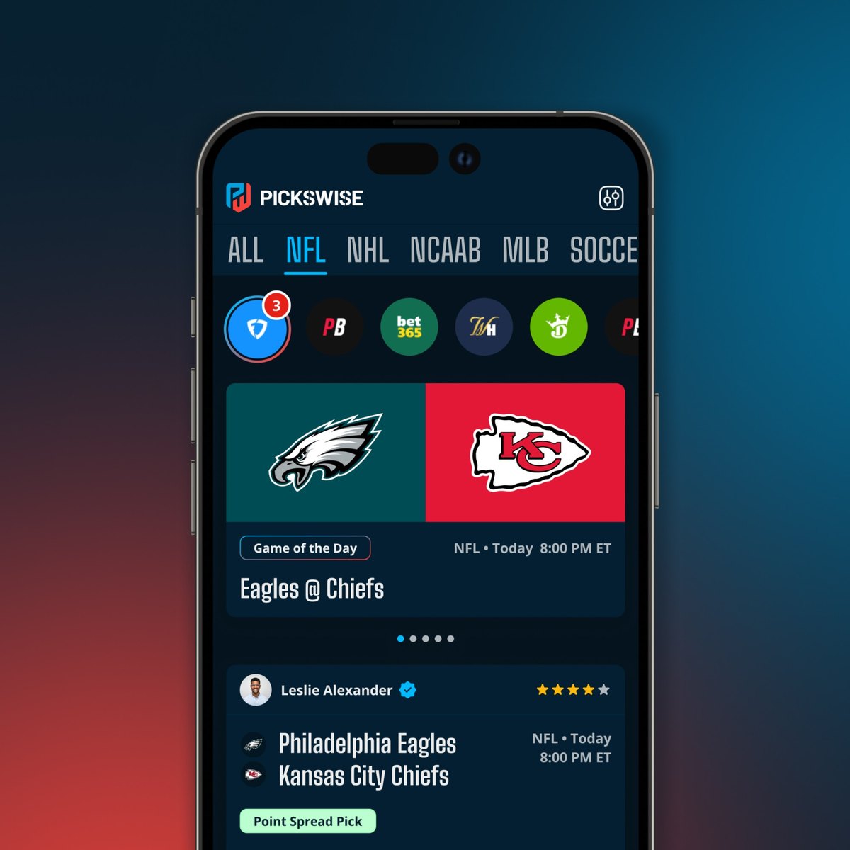 Pickswise sports picks app on iPhone showing the NFL Game of the Day, Eagles at Chiefs