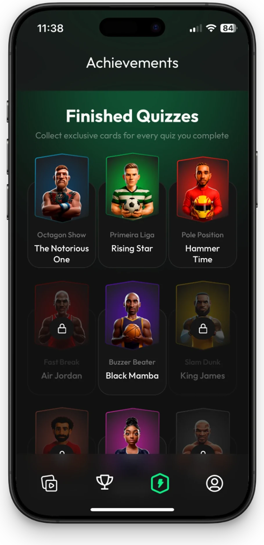 Sportiz app on iPhone showing the Achievements screen with collectible player cards