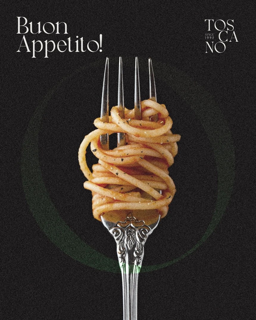 Toscano Ristorante Buon Appetito poster with spaghetti twirled on a vintage fork on a dark grain background